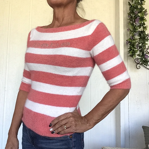 BEBE STRIPED FUZZY ANGORA SWEATER SMALL BELLINI/WHITE SMALL - Picture 9 of 15